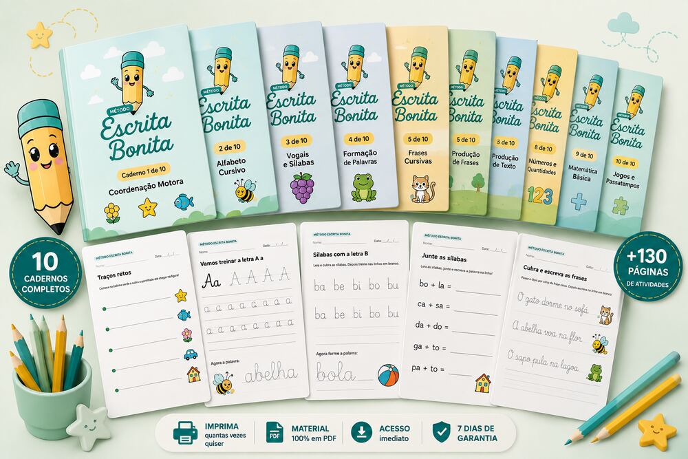 Os 10 cadernos do Método Escrita Bonita e páginas de atividades