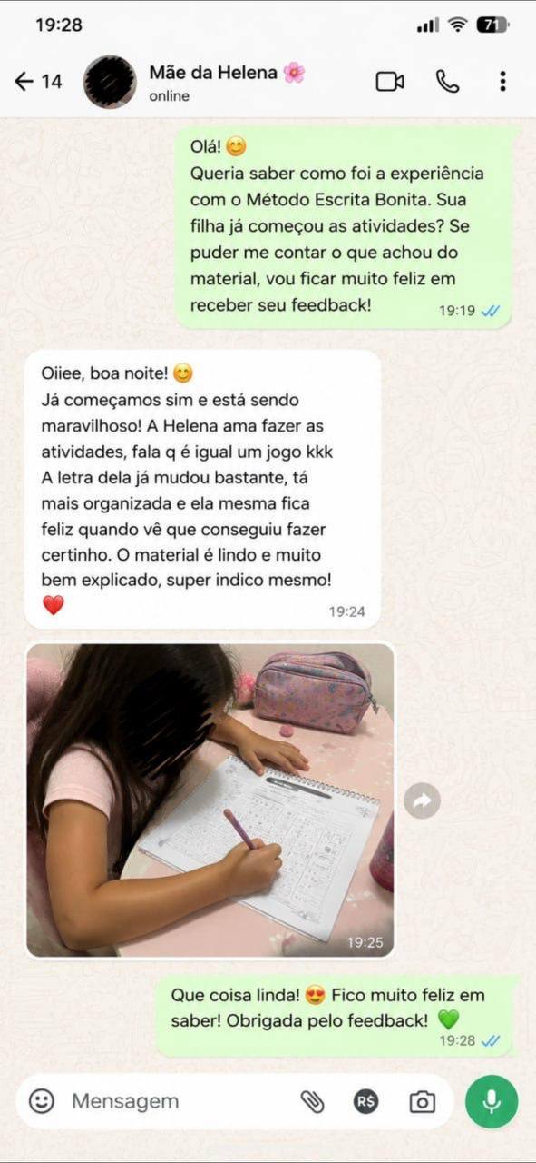 Depoimento no WhatsApp da Mãe da Helena sobre o Método Escrita Bonita