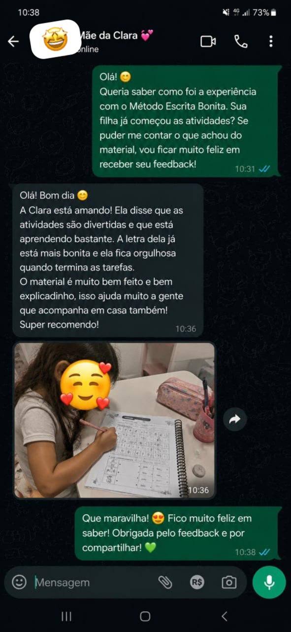 Depoimento no WhatsApp da Mãe da Clara sobre o Método Escrita Bonita