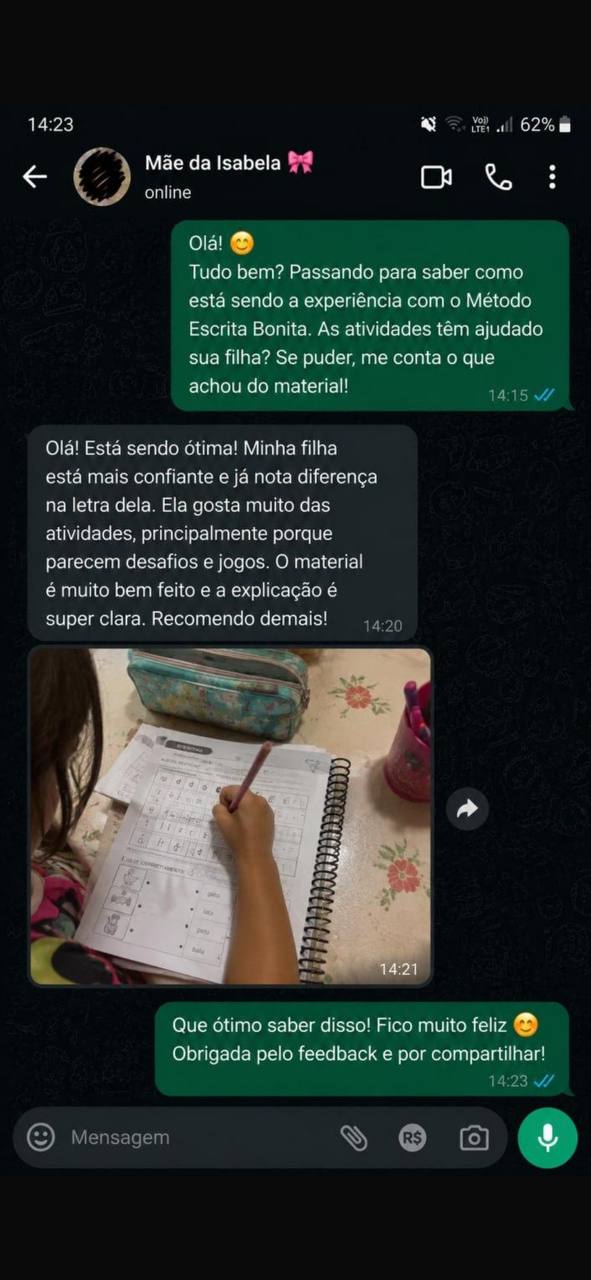 Depoimento no WhatsApp da Mãe da Isabela sobre o Método Escrita Bonita