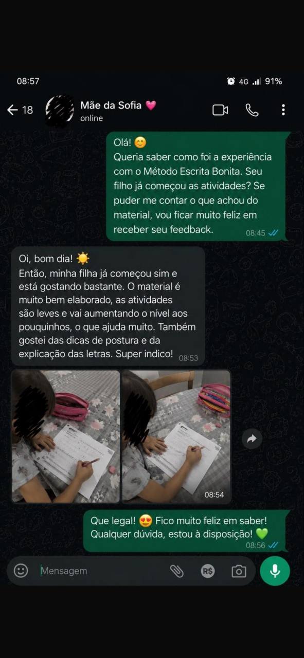 Depoimento no WhatsApp da Mãe da Sofia sobre o Método Escrita Bonita